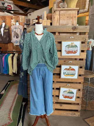 Hunter Green Gingham Puff Sleeve Top-TOP-Umgee-Stuffology - Where Vintage Meets Modern, A Boutique for Real Women in Crosbyton, TX