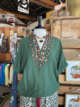 Olive Leopard Trim Dolman Sleeve Top-Dolman Sleeve Top-Umgee-Stuffology - Where Vintage Meets Modern, A Boutique for Real Women in Crosbyton, TX