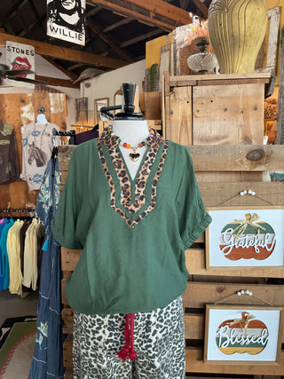Olive Leopard Trim Dolman Sleeve Top-Dolman Sleeve Top-Umgee-Stuffology - Where Vintage Meets Modern, A Boutique for Real Women in Crosbyton, TX