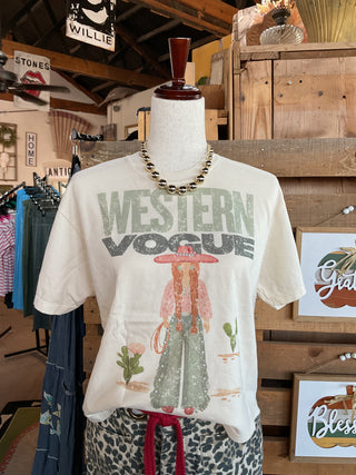 Western Vogue Cowgirl Kaki Graphic Tee-Graphic Tees-Summer Tees-Stuffology - Where Vintage Meets Modern, A Boutique for Real Women in Crosbyton, TX