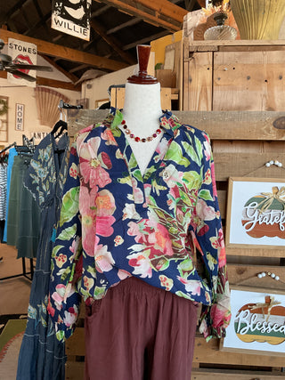 V-Neck Floral Print Stitch Collar Scallop Hem Top-Top-Umgee-Stuffology - Where Vintage Meets Modern, A Boutique for Real Women in Crosbyton, TX