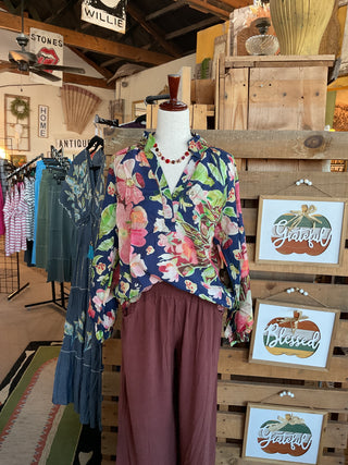 V-Neck Floral Print Stitch Collar Scallop Hem Top-Top-Umgee-Stuffology - Where Vintage Meets Modern, A Boutique for Real Women in Crosbyton, TX