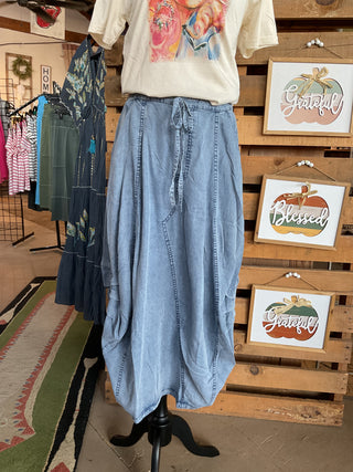 Denim Side Tuck Midi Skirt-Skirts-Doe and Rae-Stuffology - Where Vintage Meets Modern, A Boutique for Real Women in Crosbyton, TX