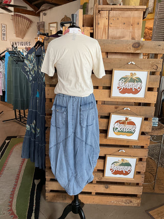 Denim Side Tuck Midi Skirt-Skirts-Doe and Rae-Stuffology - Where Vintage Meets Modern, A Boutique for Real Women in Crosbyton, TX