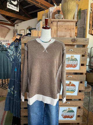 Acid Washed Contrast Trim Pullover Top-SWEATSHIRT-Zenana-Stuffology - Where Vintage Meets Modern, A Boutique for Real Women in Crosbyton, TX