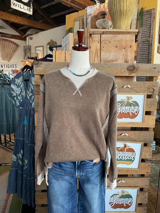 Acid Washed Contrast Trim Pullover Top-SWEATSHIRT-Zenana-Stuffology - Where Vintage Meets Modern, A Boutique for Real Women in Crosbyton, TX