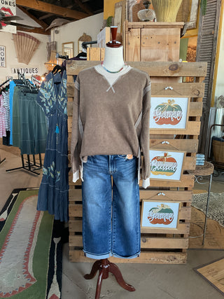Acid Washed Contrast Trim Pullover Top-SWEATSHIRT-Zenana-Stuffology - Where Vintage Meets Modern, A Boutique for Real Women in Crosbyton, TX