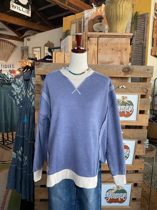 Acid Washed Contrast Trim Pullover Top-SWEATSHIRT-Zenana-Stuffology - Where Vintage Meets Modern, A Boutique for Real Women in Crosbyton, TX