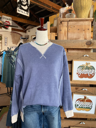 Acid Washed Contrast Trim Pullover Top-SWEATSHIRT-Zenana-Stuffology - Where Vintage Meets Modern, A Boutique for Real Women in Crosbyton, TX