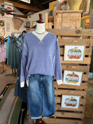 Acid Washed Contrast Trim Pullover Top-SWEATSHIRT-Zenana-Stuffology - Where Vintage Meets Modern, A Boutique for Real Women in Crosbyton, TX