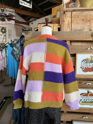Multi Color Checker Block Sweater Cardigan-Cardigan-BiBi-Stuffology - Where Vintage Meets Modern, A Boutique for Real Women in Crosbyton, TX