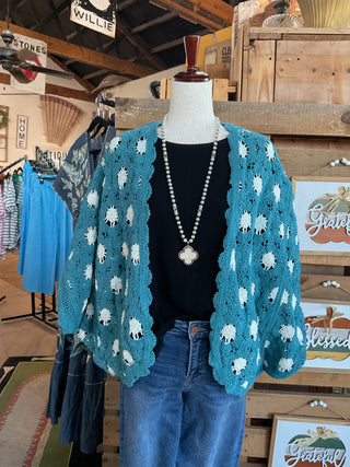 V-neck Long Sleeve Floral Contrast Crochet Cardigan Top-Cardigan-Pol Clothing-Stuffology - Where Vintage Meets Modern, A Boutique for Real Women in Crosbyton, TX