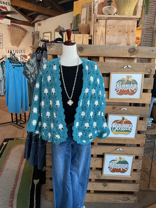 V-neck Long Sleeve Floral Contrast Crochet Cardigan Top-Cardigan-Pol Clothing-Stuffology - Where Vintage Meets Modern, A Boutique for Real Women in Crosbyton, TX