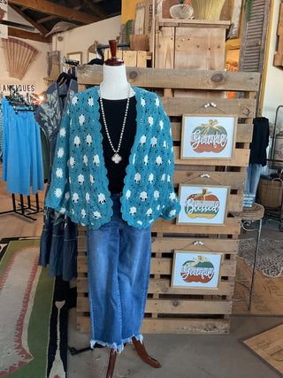 V-neck Long Sleeve Floral Contrast Crochet Cardigan Top-Cardigan-Pol Clothing-Stuffology - Where Vintage Meets Modern, A Boutique for Real Women in Crosbyton, TX