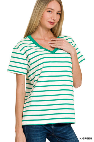 V-Neck Striped Short Sleeve Top-Tees-Zenana-Stuffology - Where Vintage Meets Modern, A Boutique for Real Women in Crosbyton, TX