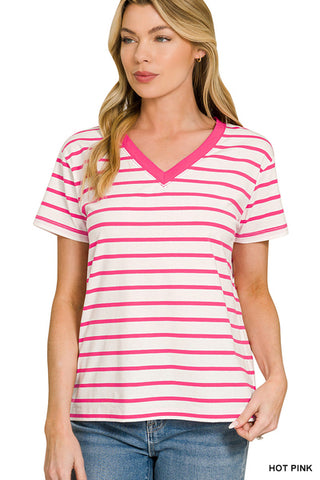 V-Neck Striped Short Sleeve Top-Tees-Zenana-Stuffology - Where Vintage Meets Modern, A Boutique for Real Women in Crosbyton, TX