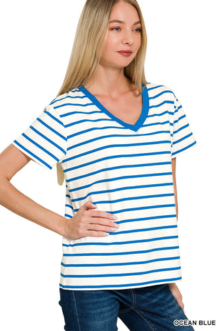 V-Neck Striped Short Sleeve Top-Tees-Zenana-Stuffology - Where Vintage Meets Modern, A Boutique for Real Women in Crosbyton, TX
