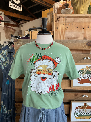 Green Holly Jolly Santa Tee-Graphic Tees-Branded Cotton-Stuffology - Where Vintage Meets Modern, A Boutique for Real Women in Crosbyton, TX