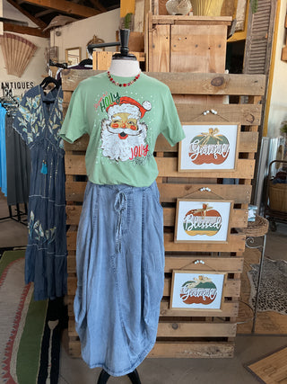 Green Holly Jolly Santa Tee-Graphic Tees-Branded Cotton-Stuffology - Where Vintage Meets Modern, A Boutique for Real Women in Crosbyton, TX
