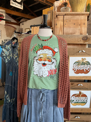 Green Holly Jolly Santa Tee-Graphic Tees-Branded Cotton-Stuffology - Where Vintage Meets Modern, A Boutique for Real Women in Crosbyton, TX