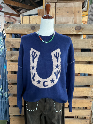 Western Horseshoe Cactus Knit Sweater-Sweaters-Sewn and Seen-Stuffology - Where Vintage Meets Modern, A Boutique for Real Women in Crosbyton, TX