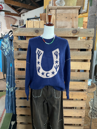 Western Horseshoe Cactus Knit Sweater-Sweaters-Sewn and Seen-Stuffology - Where Vintage Meets Modern, A Boutique for Real Women in Crosbyton, TX