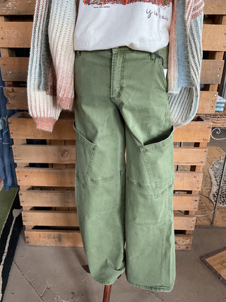 Green Mica High Rise Utility Wide Cargo Pants-Cargo Pants-Mica Denim-Stuffology - Where Vintage Meets Modern, A Boutique for Real Women in Crosbyton, TX