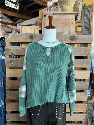 Waffle Knit Patchwork Pullover-TOP-Sage + Fig-Stuffology - Where Vintage Meets Modern, A Boutique for Real Women in Crosbyton, TX