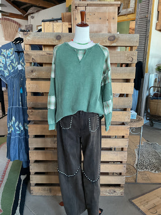 Waffle Knit Patchwork Pullover-TOP-Sage + Fig-Stuffology - Where Vintage Meets Modern, A Boutique for Real Women in Crosbyton, TX