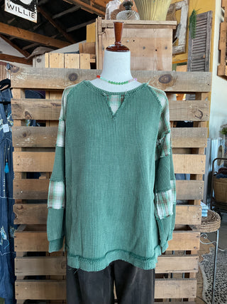 Waffle Knit Patchwork Pullover-TOP-Sage + Fig-Stuffology - Where Vintage Meets Modern, A Boutique for Real Women in Crosbyton, TX