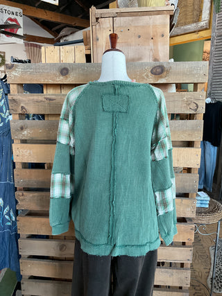 Waffle Knit Patchwork Pullover-TOP-Sage + Fig-Stuffology - Where Vintage Meets Modern, A Boutique for Real Women in Crosbyton, TX