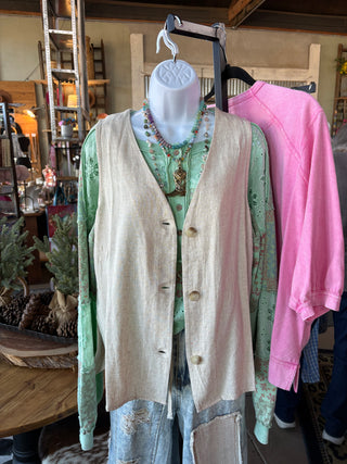 Linen Button Vest Oatmeal-LINEN VEST-Zenana-Stuffology - Where Vintage Meets Modern, A Boutique for Real Women in Crosbyton, TX