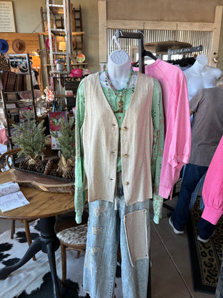 Linen Button Vest Oatmeal-LINEN VEST-Zenana-Stuffology - Where Vintage Meets Modern, A Boutique for Real Women in Crosbyton, TX