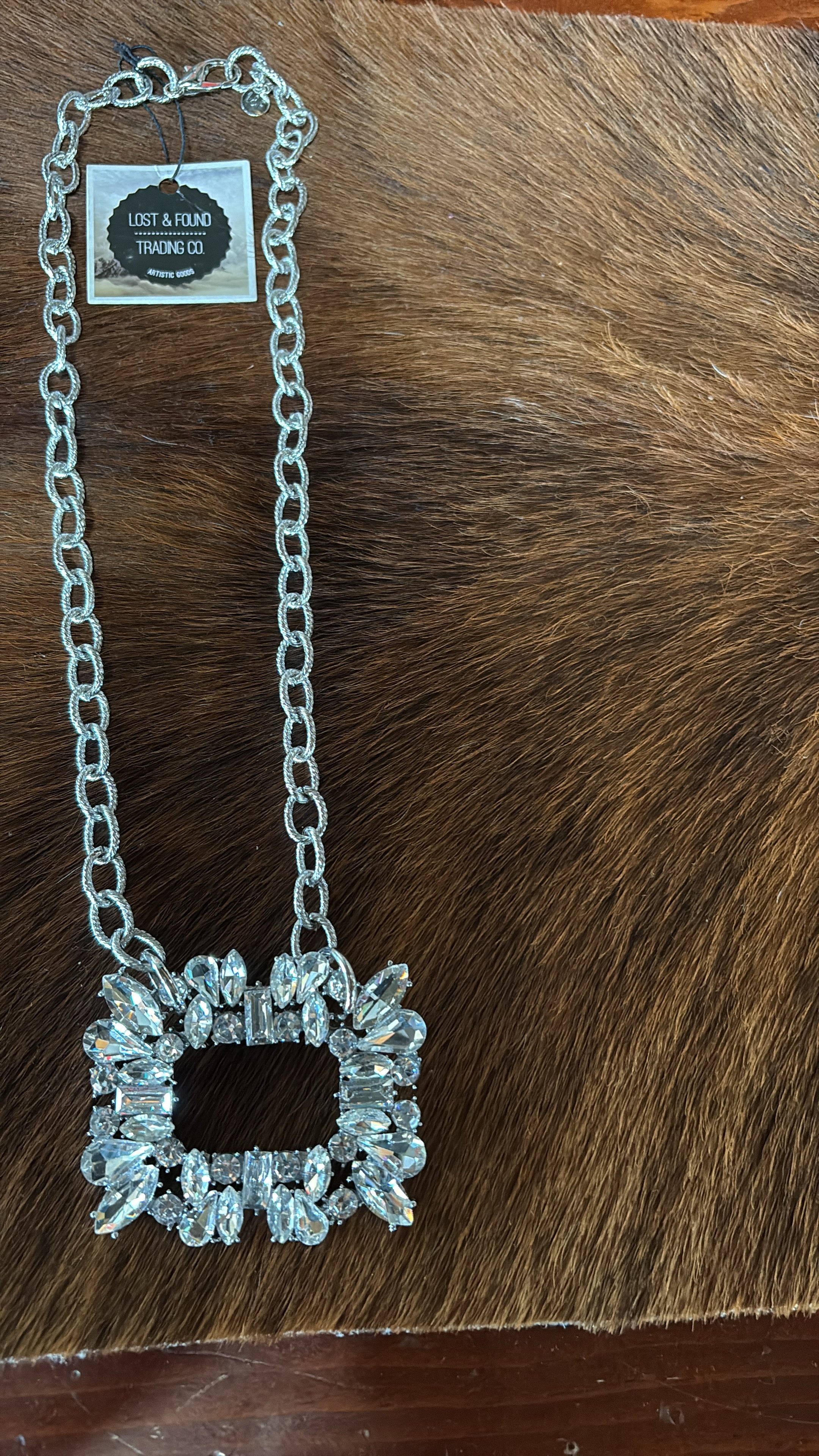 SHORT CHAIN W/BLING RECTANGLE NECKLACE - SILVER-Necklaces-Lost & Found Trading-Stuffology - Where Vintage Meets Modern, A Boutique for Real Women in Crosbyton, TX