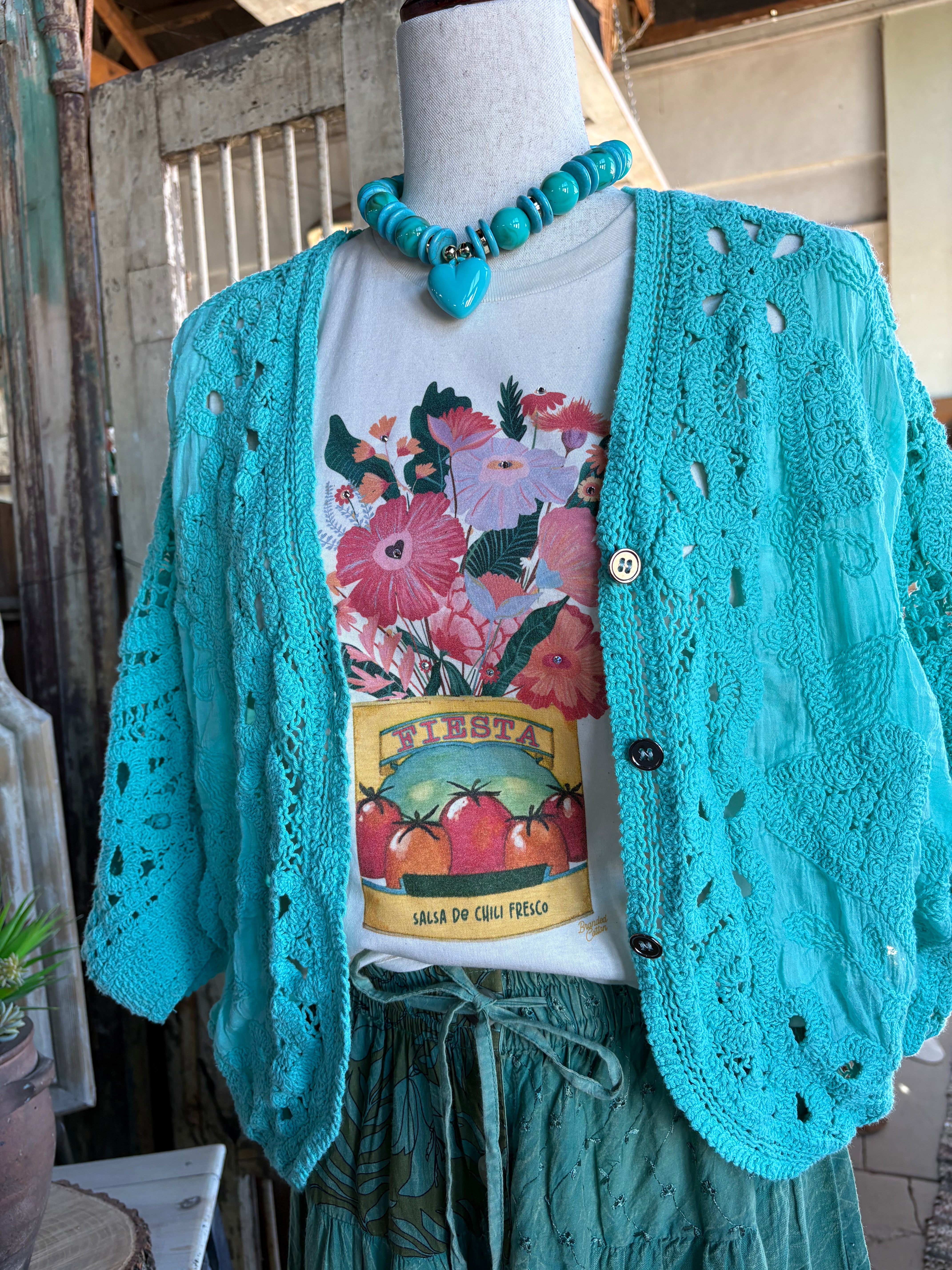 POL Clothing Turquoise Crochet Button Jacket-Shirt / Jacket-POL Clothing-Stuffology - Where Vintage Meets Modern, A Boutique for Real Women in Crosbyton, TX