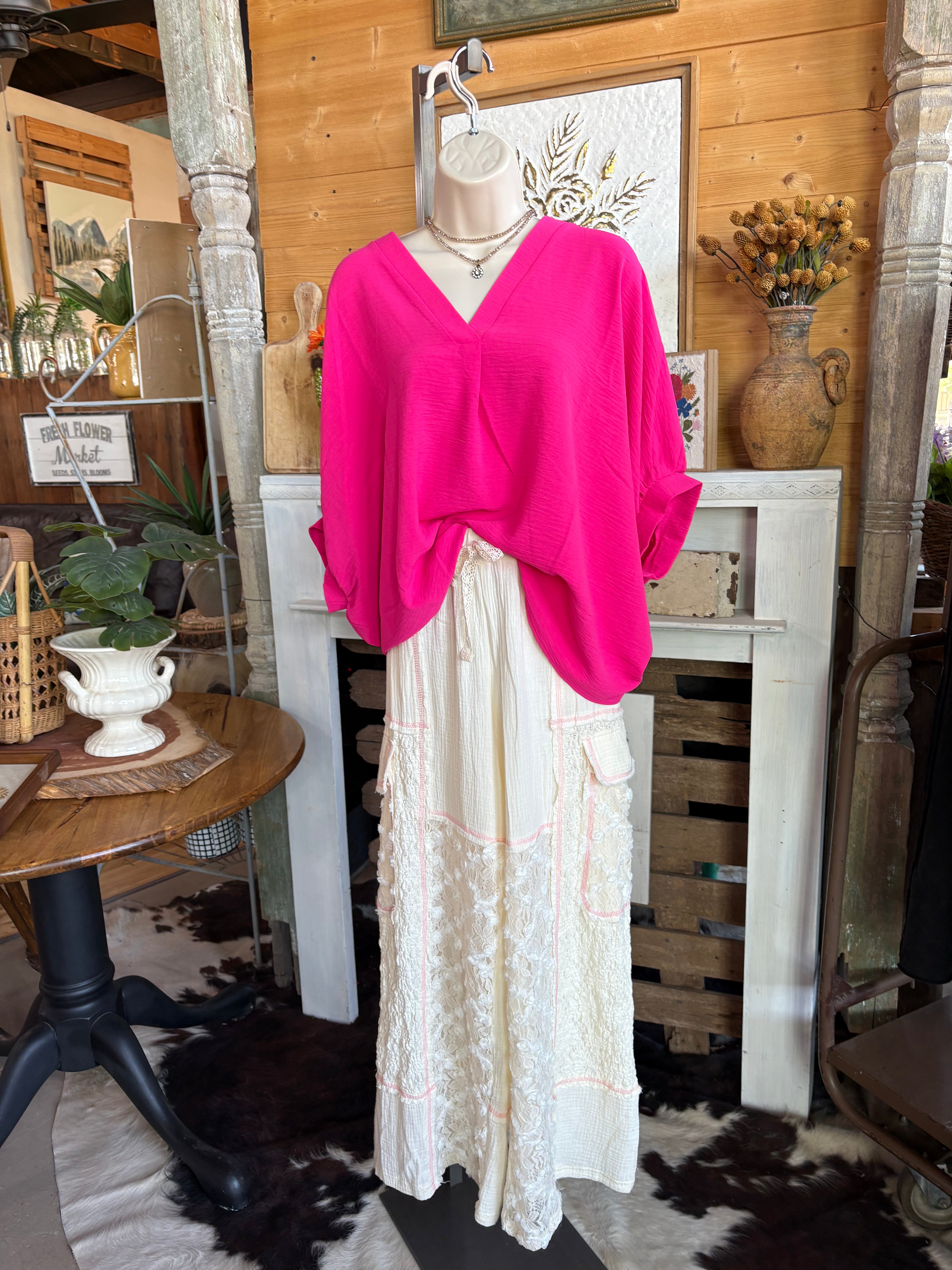 Textured V-Neck Poncho Top - Hot Pink-TOP-ZENANA-Stuffology - Where Vintage Meets Modern, A Boutique for Real Women in Crosbyton, TX