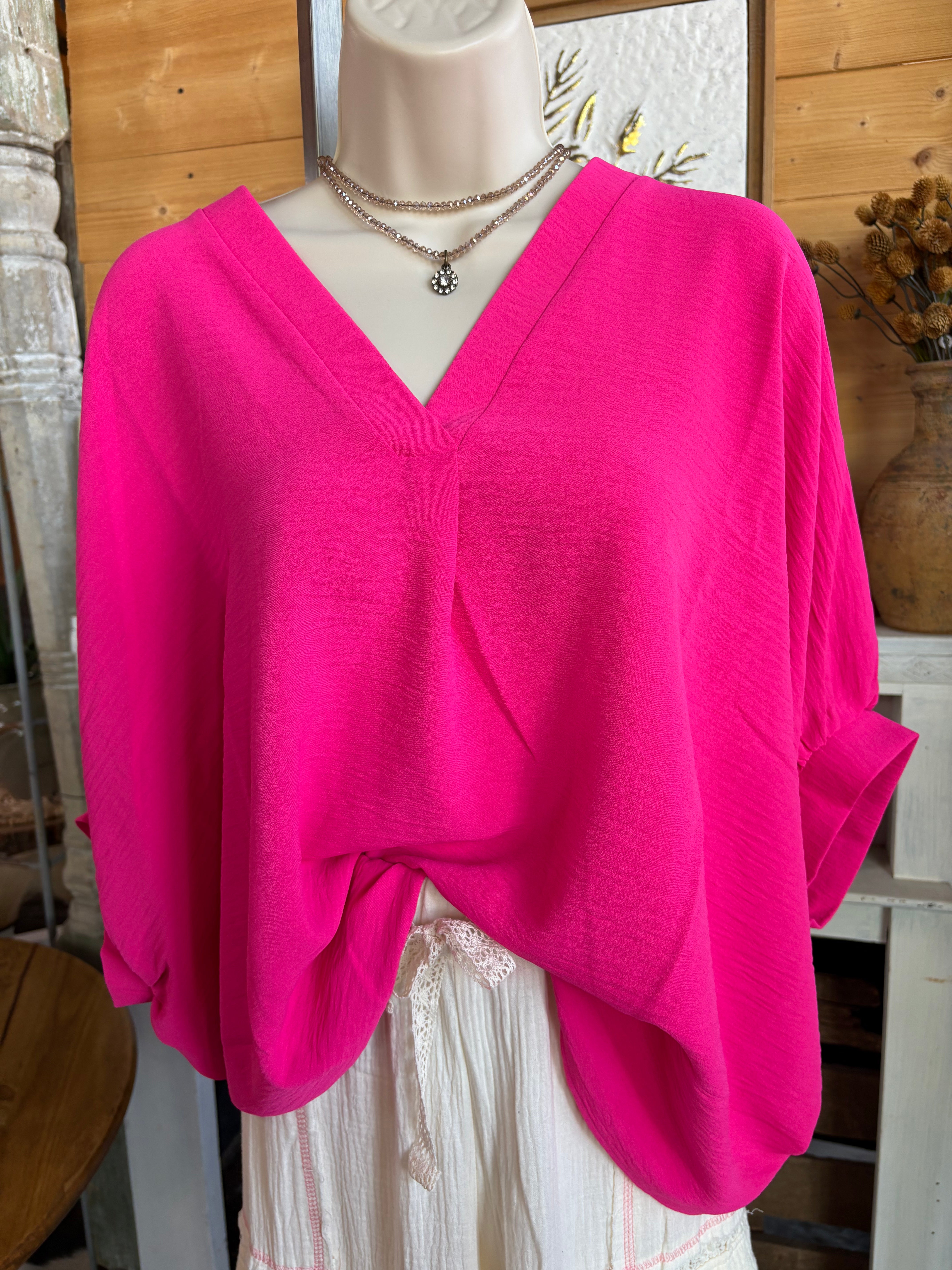 Textured V-Neck Poncho Top - Hot Pink-TOP-ZENANA-Stuffology - Where Vintage Meets Modern, A Boutique for Real Women in Crosbyton, TX