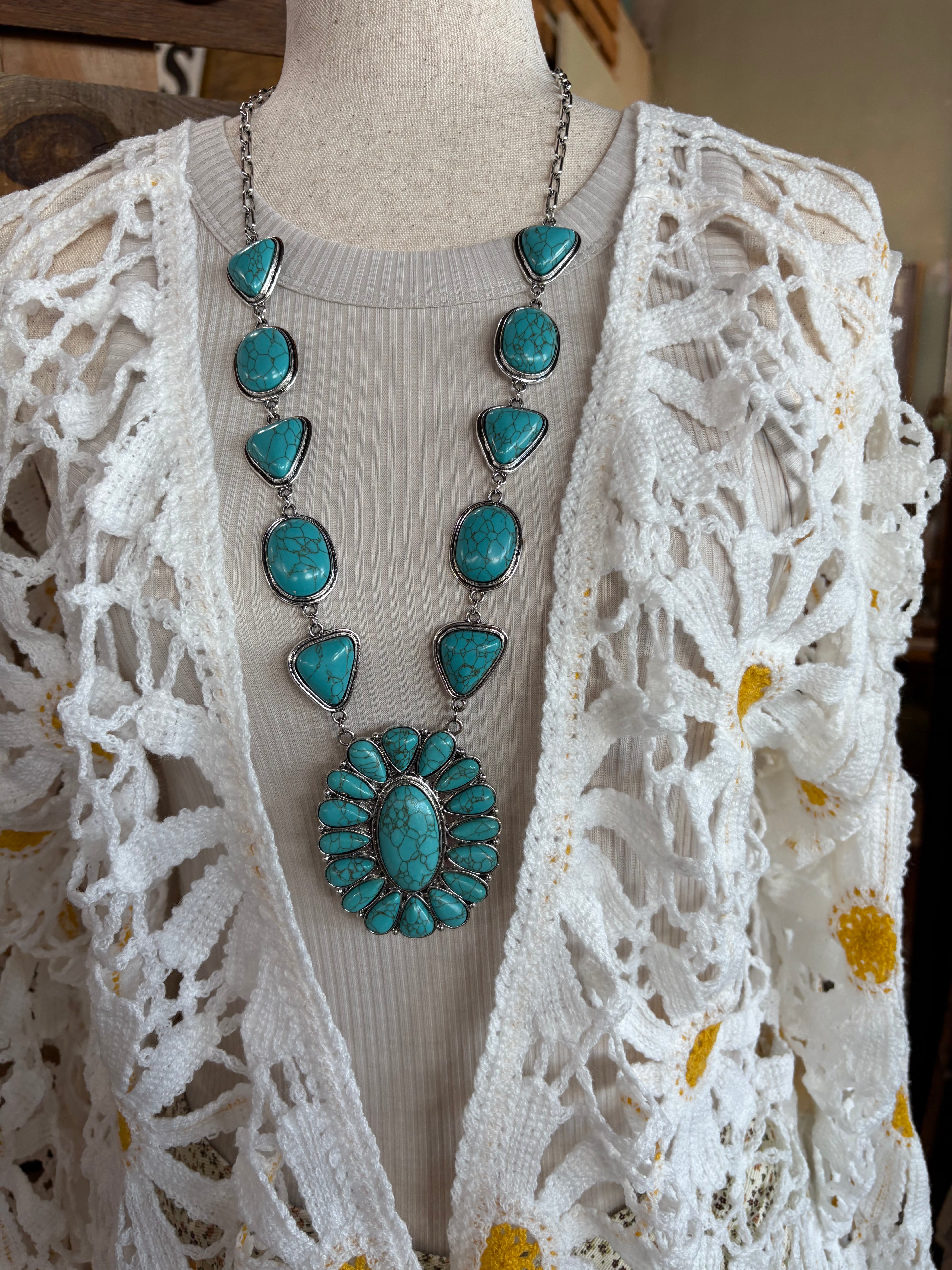 Faux Turquoise Squash Blossom Necklace-Jewelry-Stuffology Boutique -Stuffology - Where Vintage Meets Modern, A Boutique for Real Women in Crosbyton, TX