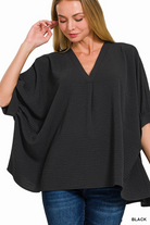 Textured V-Neck Poncho Top - Black-TOP-ZENANA-Stuffology - Where Vintage Meets Modern, A Boutique for Real Women in Crosbyton, TX