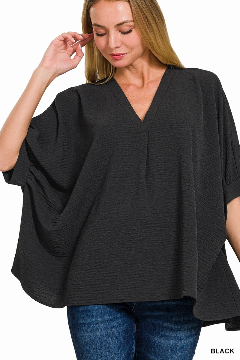 Textured V-Neck Poncho Top - Black-TOP-ZENANA-Stuffology - Where Vintage Meets Modern, A Boutique for Real Women in Crosbyton, TX