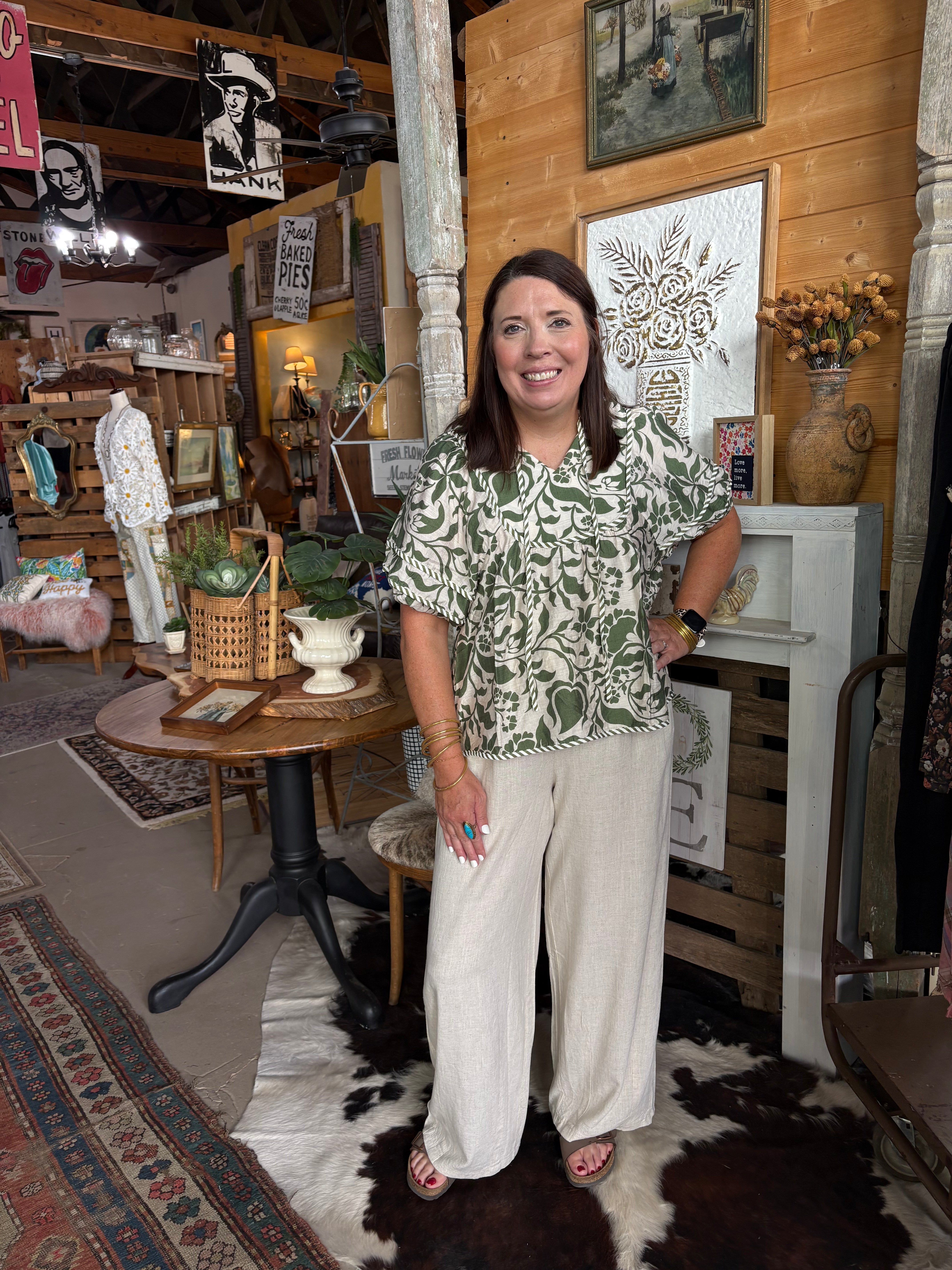 Green and Natural Botanical Puff Sleeve Top-Top-Umgee-Stuffology - Where Vintage Meets Modern, A Boutique for Real Women in Crosbyton, TX