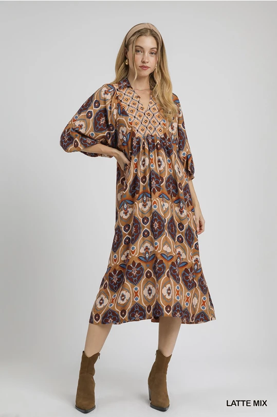 Abstract Print Collared Midi Dress-Dresses-Umgee-Stuffology - Where Vintage Meets Modern, A Boutique for Real Women in Crosbyton, TX