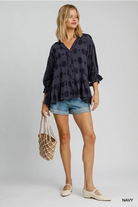 Navy Swiss Dot Half Button Top-Top-Umgee-Stuffology - Where Vintage Meets Modern, A Boutique for Real Women in Crosbyton, TX