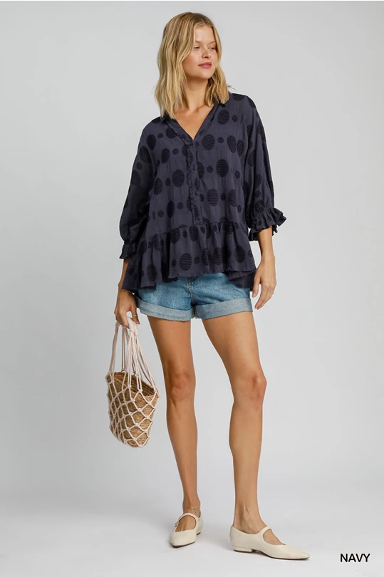 Navy Swiss Dot Half Button Top-Top-Umgee-Stuffology - Where Vintage Meets Modern, A Boutique for Real Women in Crosbyton, TX