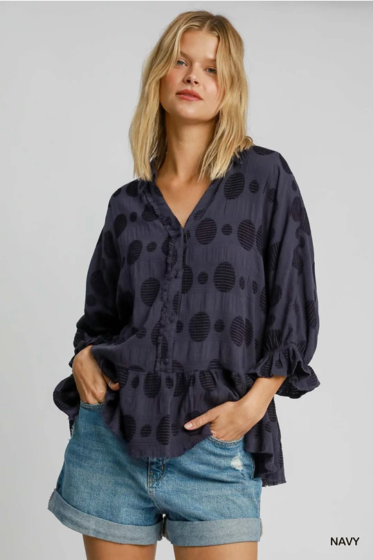 Navy Swiss Dot Half Button Top-Top-Umgee-Stuffology - Where Vintage Meets Modern, A Boutique for Real Women in Crosbyton, TX