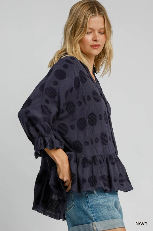 Navy Swiss Dot Half Button Top-Top-Umgee-Stuffology - Where Vintage Meets Modern, A Boutique for Real Women in Crosbyton, TX