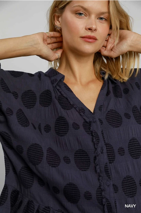 Navy Swiss Dot Half Button Top-Top-Umgee-Stuffology - Where Vintage Meets Modern, A Boutique for Real Women in Crosbyton, TX