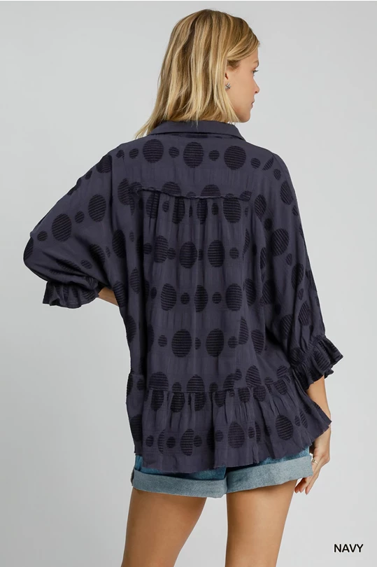 Navy Swiss Dot Half Button Top-Top-Umgee-Stuffology - Where Vintage Meets Modern, A Boutique for Real Women in Crosbyton, TX