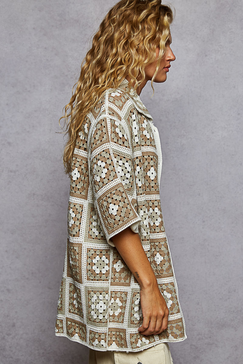 POL Clothing Olive Multi Boho Crochet Patch Shirt-Shirt / Jacket-POL Clothing-Stuffology - Where Vintage Meets Modern, A Boutique for Real Women in Crosbyton, TX