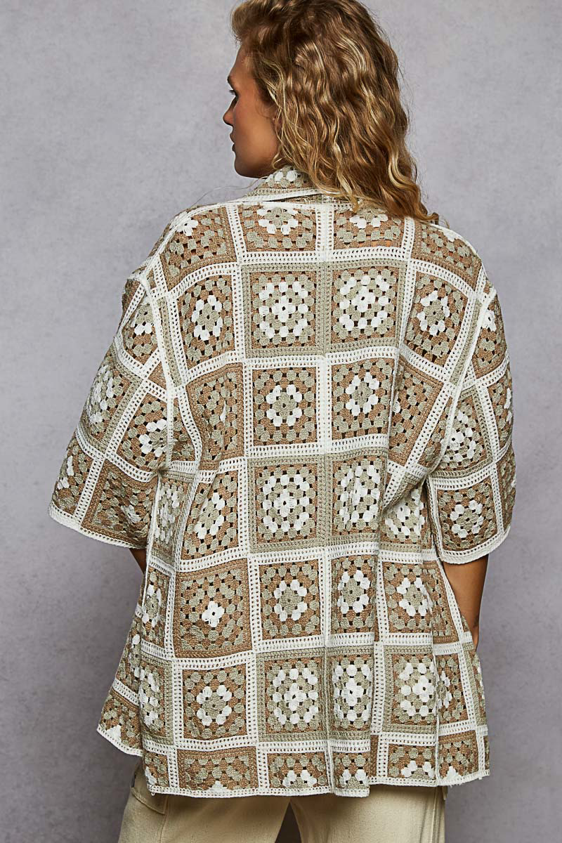 POL Clothing Olive Multi Boho Crochet Patch Shirt-Shirt / Jacket-POL Clothing-Stuffology - Where Vintage Meets Modern, A Boutique for Real Women in Crosbyton, TX